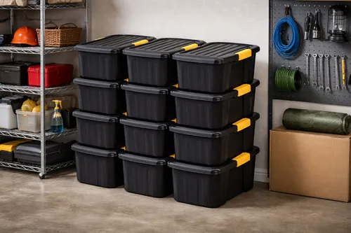 סט 12 ארגזי אחסון שחורים מחוזקים 20 ליטר מסדרת BLACKBOX מסודרים במחסן על מדפים פתרון אחסון חזק ונערם לבית ולעסק