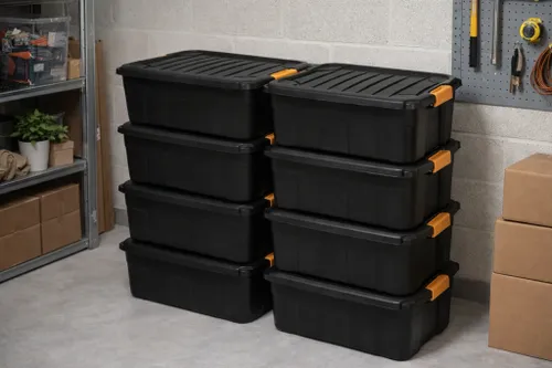 סט 6 ארגזי אחסון BLACKBOX שחורים מחוזקים 30 ליטר מסודרים במחסן ליד מדפים פתרון אחסון מקצועי ועמיד