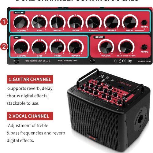 מגבר אקוסטי JOYO BSK-40 שחור - מגבר נטען 40 וואט עם בלוטות' ומכונת תופים לגיטרה אקוסטיקה והופעות חיצוניות