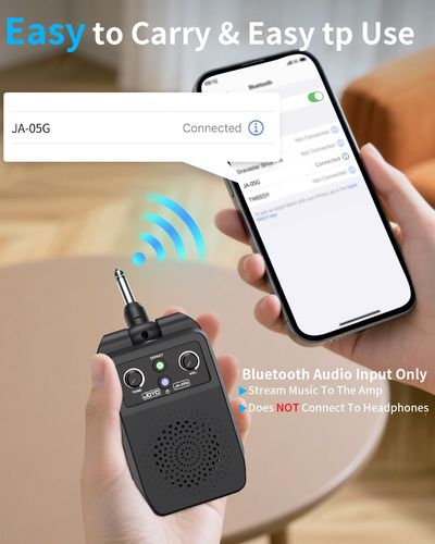 מגבר גיטרה מיני JOYO JA-05G - מכשיר קומפקטי שחור המתחבר ישירות לגיטרה עם פקדי שליטה ויציאת אוזניות, מושלם לאימונים ונגינה ניידת