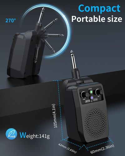 מגבר גיטרה מיני JOYO JA-05G - מכשיר קומפקטי שחור המתחבר ישירות לגיטרה עם פקדי שליטה ויציאת אוזניות, מושלם לאימונים ונגינה ניידת