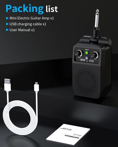 מגבר גיטרה מיני JOYO JA-05G - מכשיר קומפקטי שחור המתחבר ישירות לגיטרה עם פקדי שליטה ויציאת אוזניות, מושלם לאימונים ונגינה ניידת
