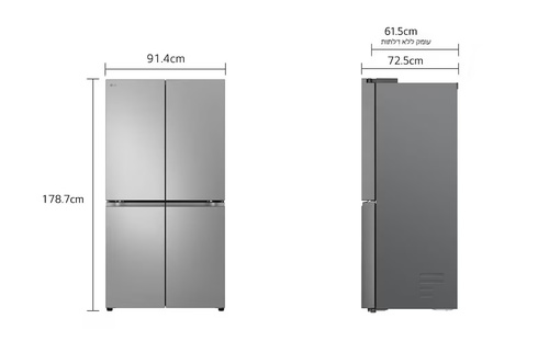 מקרר LG עם 4 דלתות בסגנון צרפתי בגימור כסף יוקרתי בנפח 665 ליטר דגם GR-728S רוחב – 91.4 