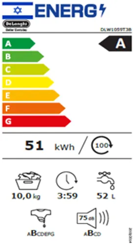 מכונת כביסה פתח חזית 10 ק”ג DeLonghi דלונגי DLW1059T3B שחורה