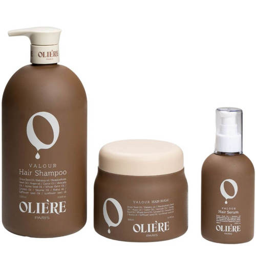 מארז לשיער מוחלק OLIERE שמפו + מסכה + סרום לשיקום השיער ושימור ההחלקה אולייר