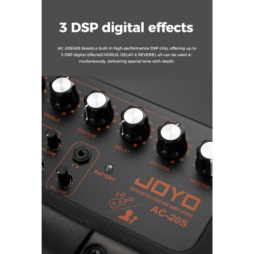 מגבר גיטרה אקוסטי JOYO AC-40S - מגבר נטען 40 וואט עם שני רמקולים 6.5 אינץ' וסוללת ליתיום מובנית, מיועד לזמרים-יוצרים והופעות חוץ