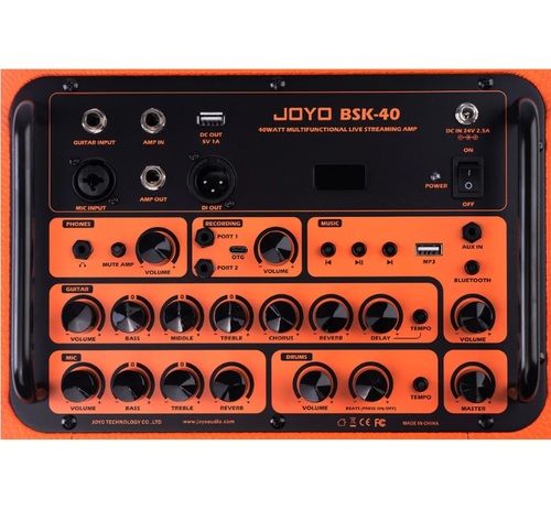 מגבר אקוסטי JOYO BSK-40 כתום - מגבר נטען 40 וואט עם בלוטות' ומכונת תופים לגיטרה אקוסטית והופעות חיות