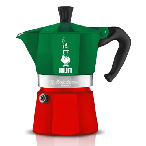 מקינטת Bialetti בצבע ירוק‑אדום עם ידית שחורה, צילום מוצר על רקע לבן.
