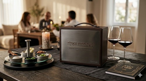 קופסת מצות יוקרתית ומעוצבת מבית Gimmick עם מיתוג לוגו והקדשה אישית בעברית, פריט שימושי ומרכזי לשולחן ליל סדר מודרני 2026