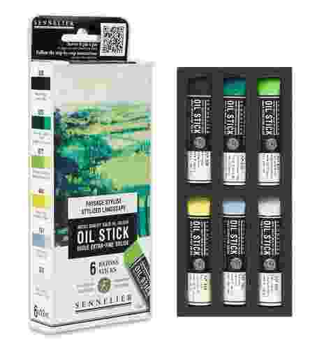 סט 6 מקלות שמן מיני | גווני נוף ירוק_Oil Sticks Stylized Landscape