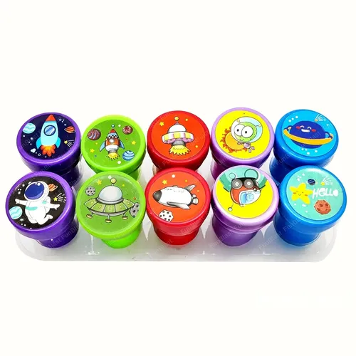 סט 12 חותמות פלסטיק עם דיו (מגוון עיצובים)