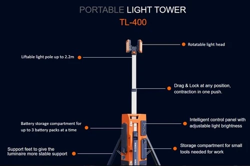 מגדל תאורה נייד TL-400 - תאורה מקצועית עם תא אחסון ל-3 סוללות
