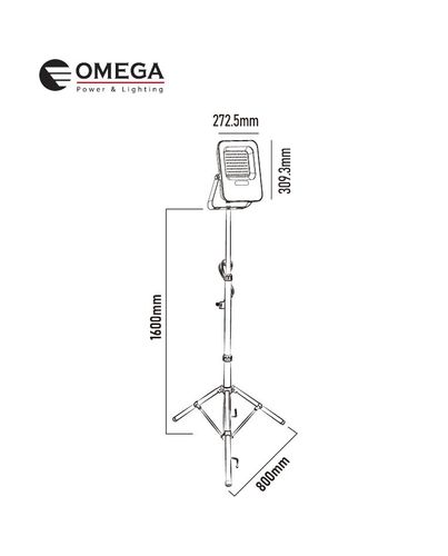 פנס הצפה מקצועי מעוצב על חצובה גוון אור 6500K  צבע אפור דגם Omega STRIKE 200W IP65 LED STR-200W-D-BK-ST 