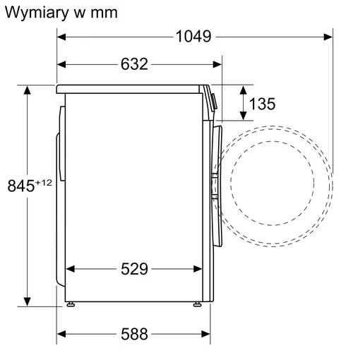 מידות מכונת כביסה Bosch WGE03201PL: גובה 84.8 ס