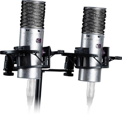 זוג מיקרופונים SPIRIT עם מגני רוח וחנוכיה Aston Microphones