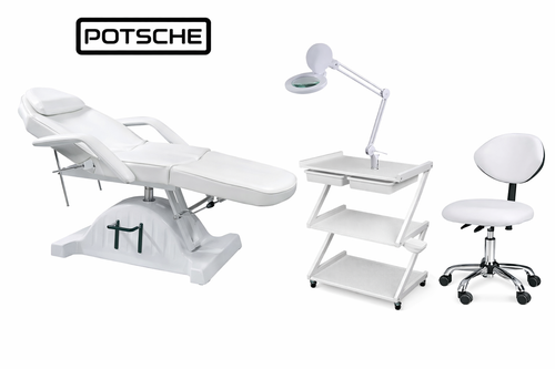 סט ציוד מקצועי לקוסמטיקה – מיטת טיפולים עם בוכנה, עגלת ציוד, מנורת לופה וכיסא מתכוונן(צבע לבן)