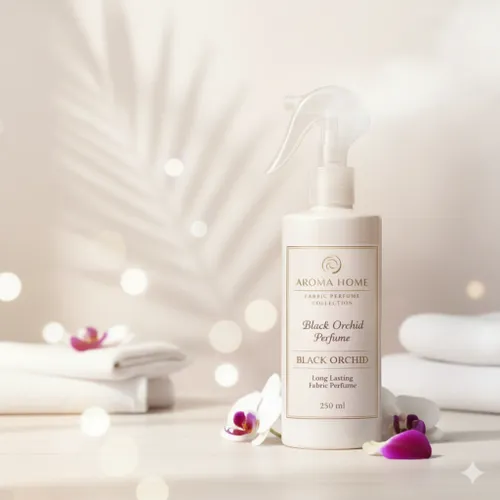 מבשם בדים Black Orchid של Aroma Home עם פרחי סחלב ומגבות