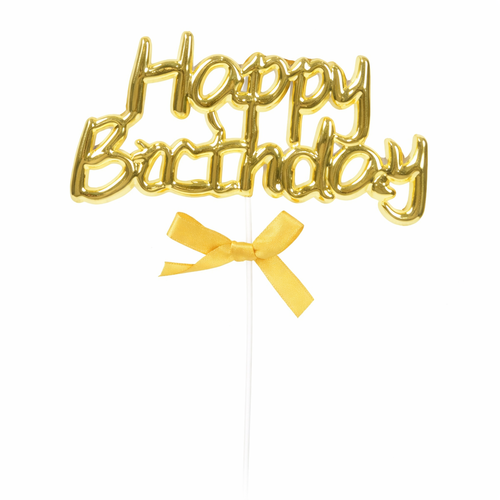 טופר לעוגה עם סרט HAPPY BIRTHDAY צבע זהב