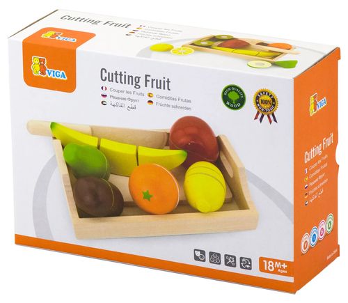 סט 6 פירות מעץ למשחק + מגש, סכין חיתוך ומגש הגשה
