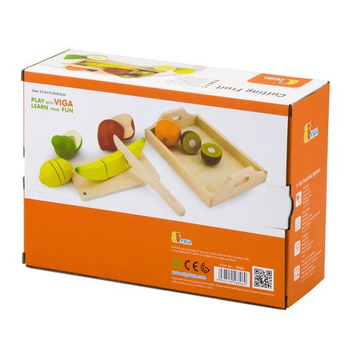 סט 6 פירות מעץ למשחק + מגש, סכין חיתוך ומגש הגשה