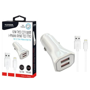 מטען רכב כפול USB TYPE-A 12W כולל כבל Sigma Lightning