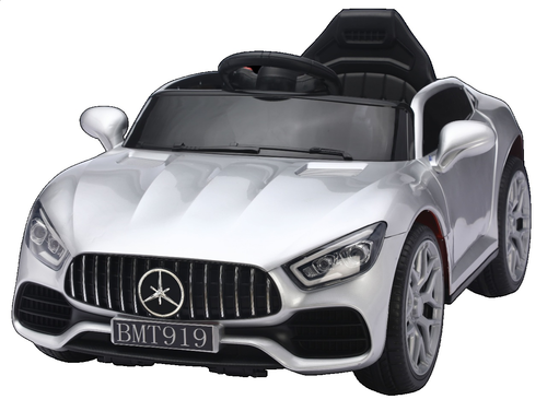 מכונית ממונעת 12V בדמות מרצדס GT עם גלגלי EVA, צלילים, אורות ושלט רחוק - כסוף מטאלי