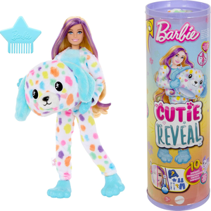 בובת ברבי סדרת Cutie עם תחפושת דלמטי צבעוני פרוותית ו 10 הפתעות וחיית מחמד