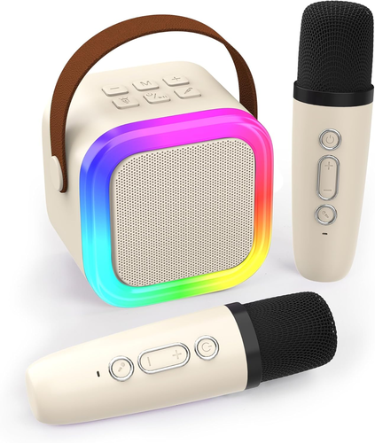 ערכת מיני קריוקי ביתית משולבת: רמקול עוצמתי ושני מיקרופונים אלחוטיים - קרם