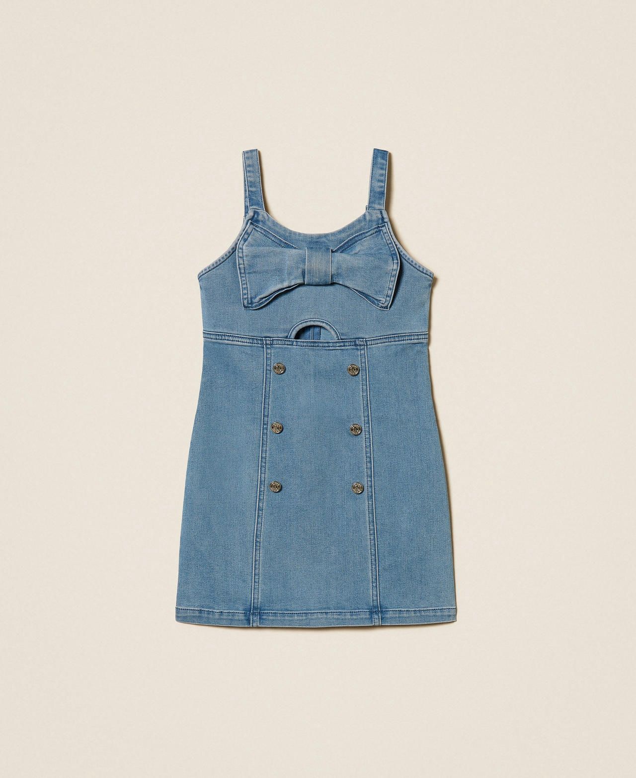 Short denim dress with bow