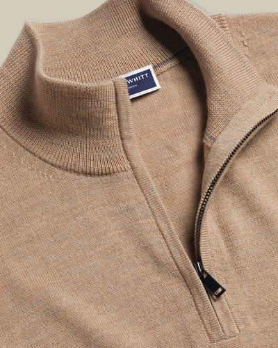 סוודר צמר רוכסן - Oatmeal Pure Merino Zip Neck Jumper 