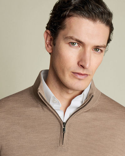 סוודר צמר רוכסן - Oatmeal Pure Merino Zip Neck Jumper 