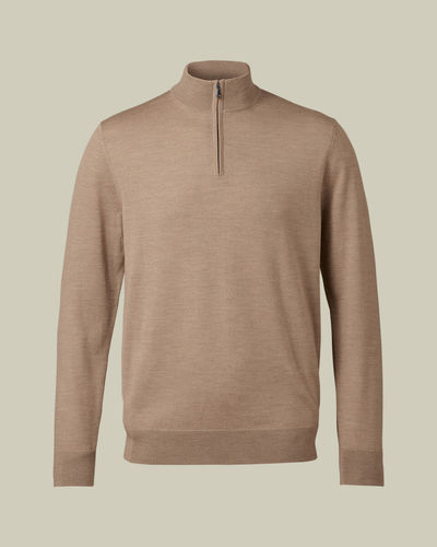 סוודר צמר רוכסן - Oatmeal Pure Merino Zip Neck Jumper 