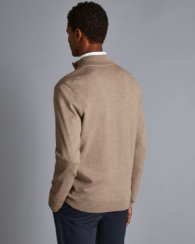 סוודר צמר רוכסן - Oatmeal Pure Merino Zip Neck Jumper 