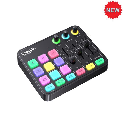 מיקסר אודיו OneOdio Solocaster - כרטיס קול קומפקטי עם תאורת RGB דינמית, 4 FX Pads מתוכנתים, 3 פיידרים לשליטה בזמן אמת וכניסות מרובות לסטרימינג מקצועי