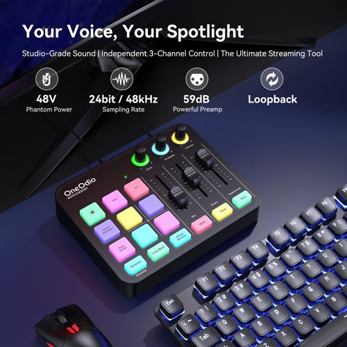 מיקסר אודיו OneOdio Solocaster - כרטיס קול קומפקטי עם תאורת RGB דינמית, 4 FX Pads מתוכנתים, 3 פיידרים לשליטה בזמן אמת וכניסות מרובות לסטרימינג מקצועי