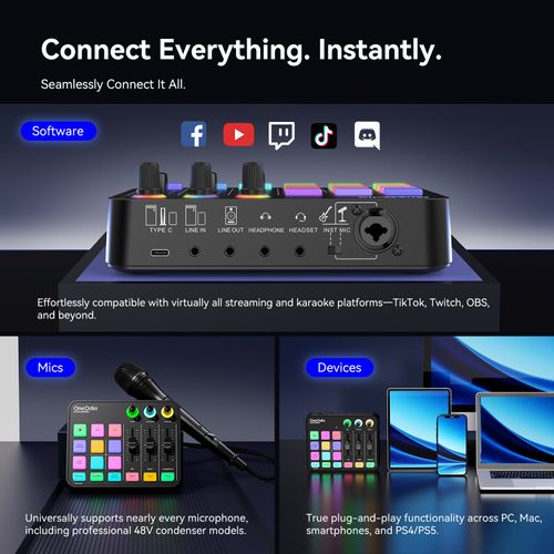 מיקסר אודיו OneOdio Solocaster - כרטיס קול קומפקטי עם תאורת RGB דינמית, 4 FX Pads מתוכנתים, 3 פיידרים לשליטה בזמן אמת וכניסות מרובות לסטרימינג מקצועי