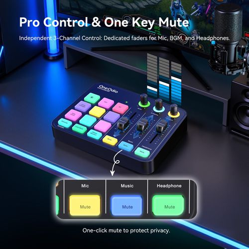 מיקסר אודיו OneOdio Solocaster - כרטיס קול קומפקטי עם תאורת RGB דינמית, 4 FX Pads מתוכנתים, 3 פיידרים לשליטה בזמן אמת וכניסות מרובות לסטרימינג מקצועי