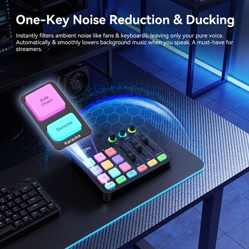 מיקסר אודיו OneOdio Solocaster - כרטיס קול קומפקטי עם תאורת RGB דינמית, 4 FX Pads מתוכנתים, 3 פיידרים לשליטה בזמן אמת וכניסות מרובות לסטרימינג מקצועי