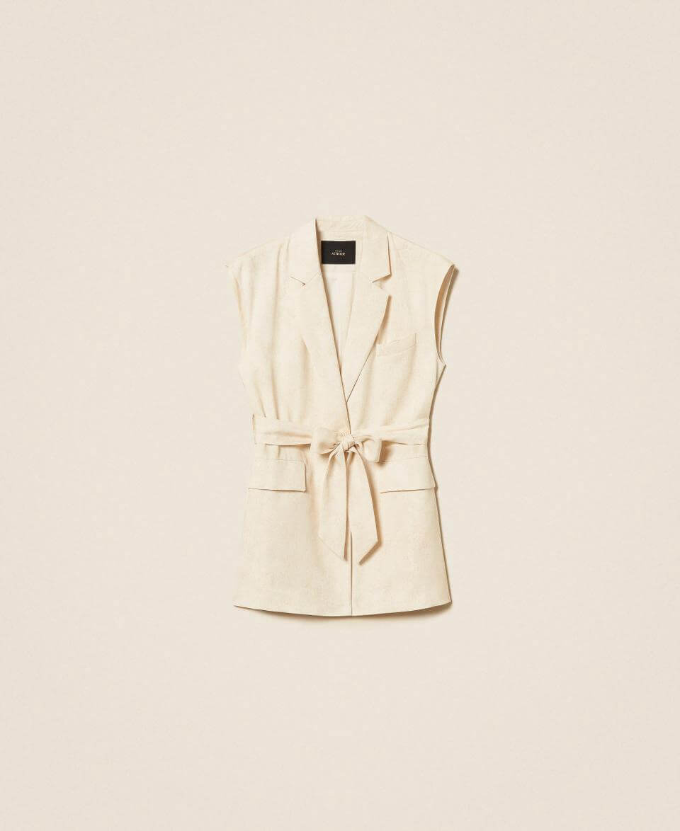 Sleeveless jacket with print and belt
