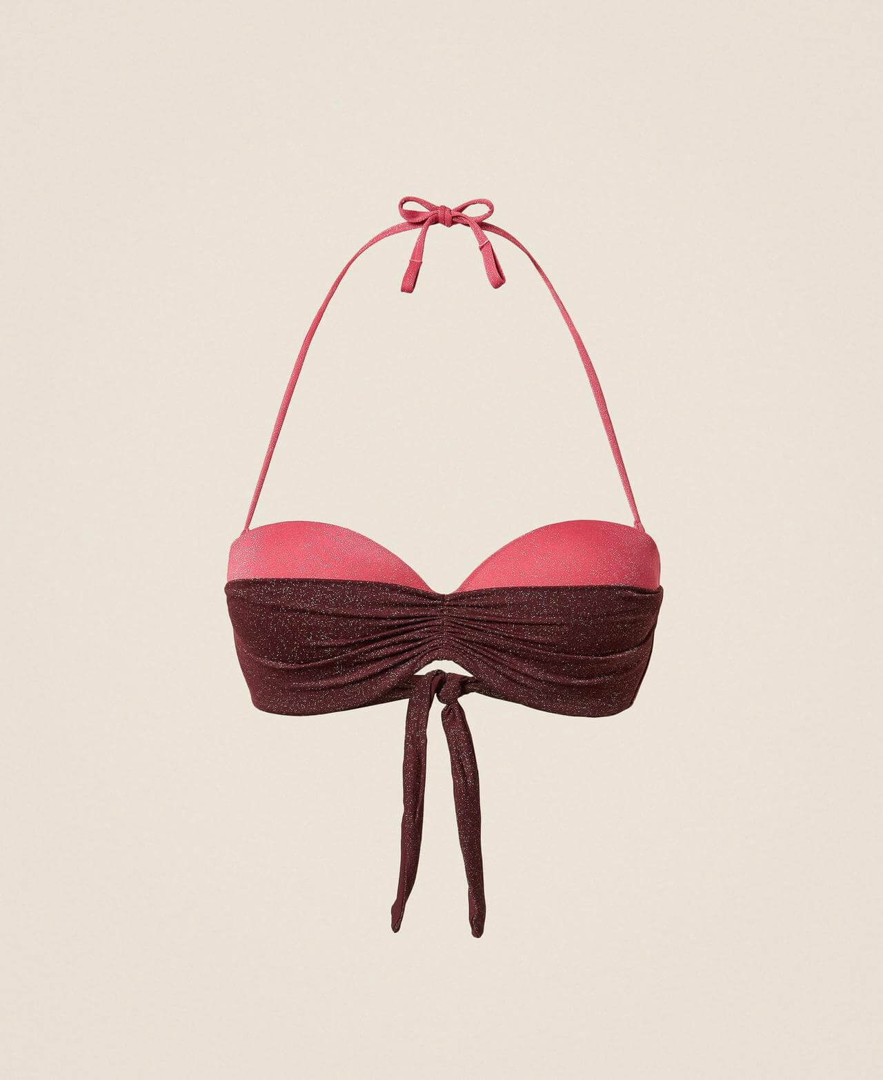 Two-tone bandeau bikini top with lurex