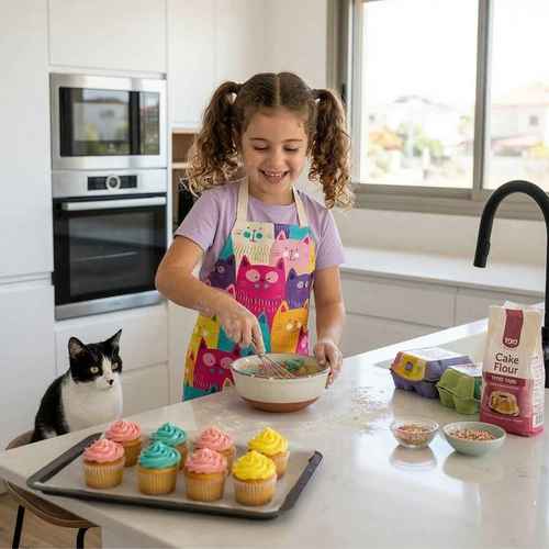 ילדה במטבח עם סינר צבעוני חגיגת חתולים