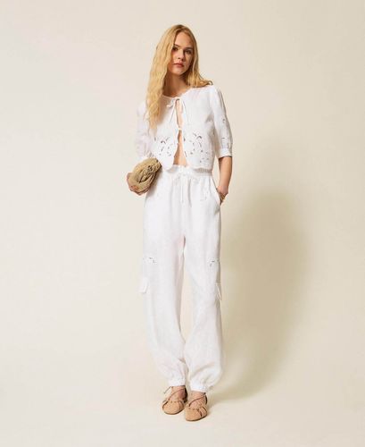 Linen and broderie anglaise jogger trousers