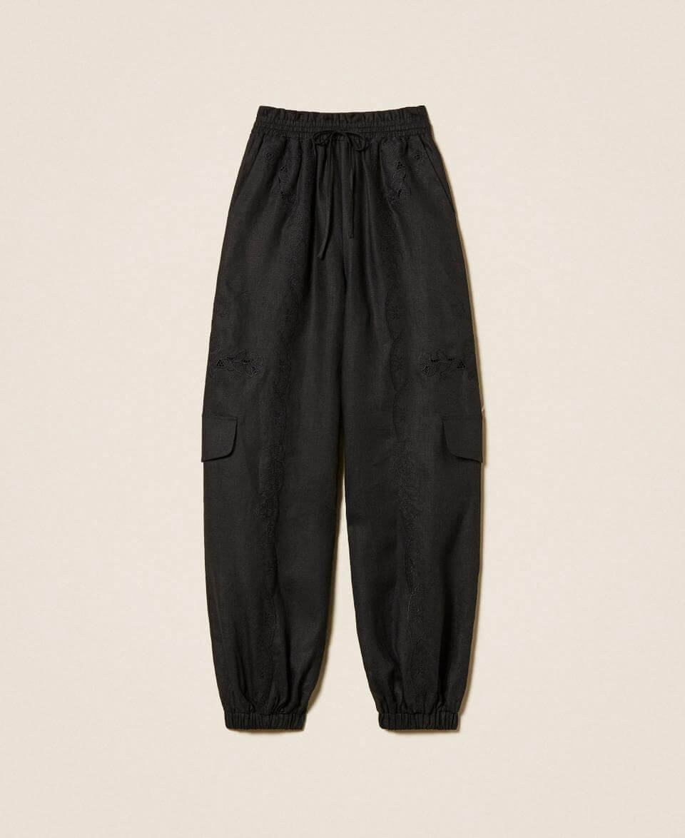 Linen and broderie anglaise jogger trousers