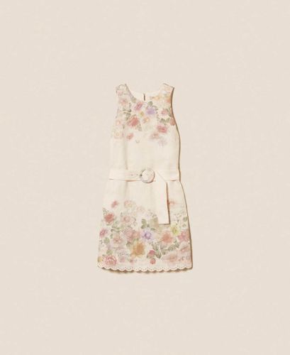 Linen floral short dress with embroidery