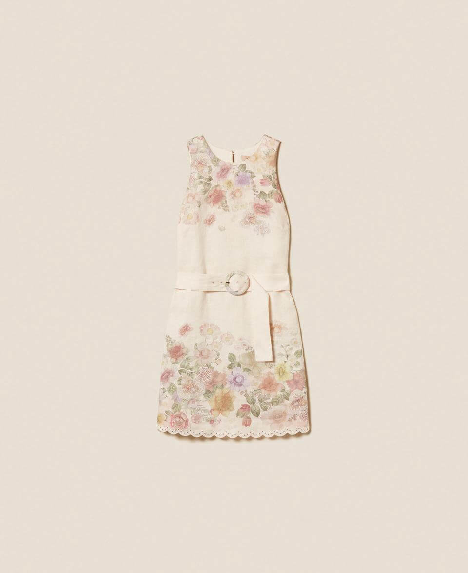 Linen floral short dress with embroidery