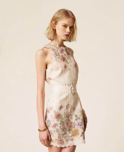 Linen floral short dress with embroidery