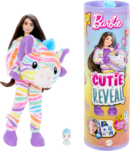 בובת ברבי סדרת Cutie עם תחפושת זברה צבעונית פרוותית ו 10 הפתעות וחיית מחמד