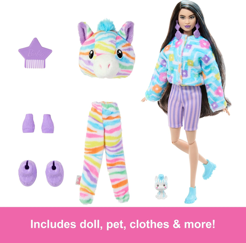בובת ברבי סדרת Cutie עם תחפושת זברה צבעונית פרוותית ו 10 הפתעות וחיית מחמד