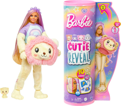 בובת ברבי סדרת Cutie עם תחפושת לביאה פרוותית ו 10 הפתעות וחיית מחמד
