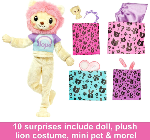בובת ברבי סדרת Cutie עם תחפושת לביאה פרוותית ו 10 הפתעות וחיית מחמד